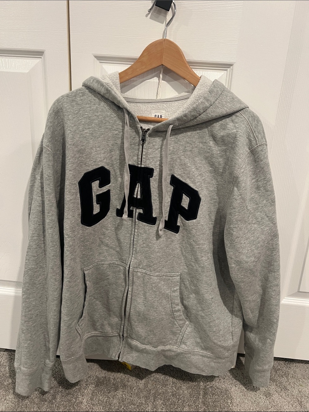 GAP Light Gray Zip Hoodie with Black Lettering